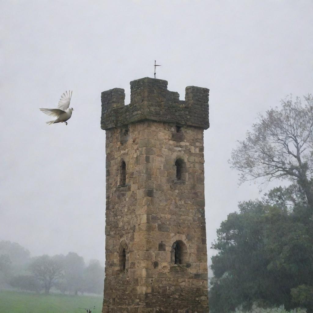 A serene white dove flying towards an old stone tower, both encompassed by a soft, gentle rain