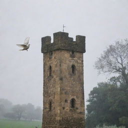 A serene white dove flying towards an old stone tower, both encompassed by a soft, gentle rain