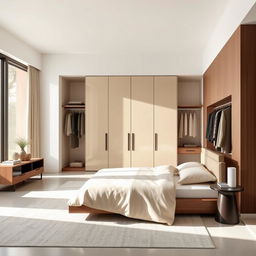 A modern minimalist room featuring a stunning large Italian design closet, known for its sleek lines and high-quality craftsmanship