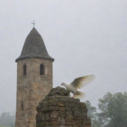 A serene white dove flying towards an old stone tower, both encompassed by a soft, gentle rain