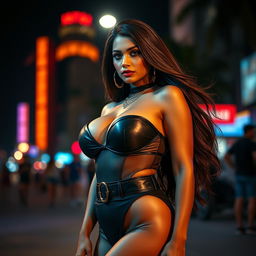 An enchanting nighttime scene featuring a stunning Indian woman with large breasts, wearing a sexy, stylish outfit that highlights her curves