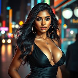 An enchanting nighttime scene featuring a stunning Indian woman with large breasts, wearing a sexy, stylish outfit that highlights her curves