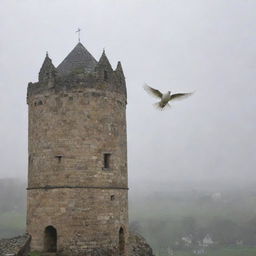 A serene white dove flying towards an old stone tower, both encompassed by a soft, gentle rain