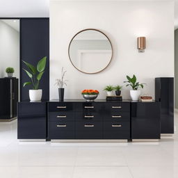 A contemporary entrance area designed with modern lacquered furniture featuring sleek lines and high-gloss finishes