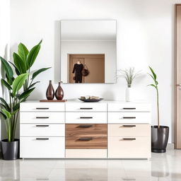 A stylish entrance area featuring modern lacquered furniture, including a sleek console table with smooth surfaces and multiple drawers for optimal storage