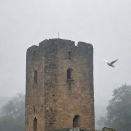 A serene white dove flying towards an old stone tower, both encompassed by a soft, gentle rain