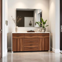 A stylish entrance area featuring modern lacquered furniture, including a sleek console table with smooth surfaces and multiple drawers for optimal storage