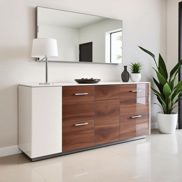 A stylish entrance area featuring modern lacquered furniture, including a sleek console table with smooth surfaces and multiple drawers for optimal storage