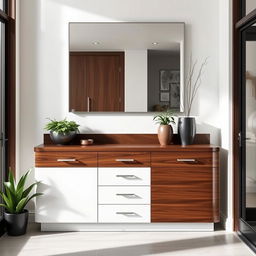 A stylish entrance area featuring modern lacquered furniture, including a sleek console table with smooth surfaces and multiple drawers for optimal storage