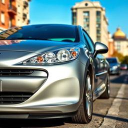 A sleek steel-colored Peugeot 207 parked on a scenic urban street, showcasing its modern and stylish design