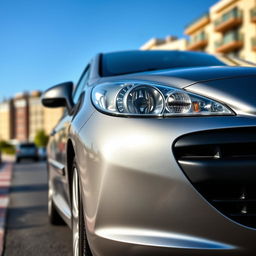 A sleek steel-colored Peugeot 207 parked on a scenic urban street, showcasing its modern and stylish design