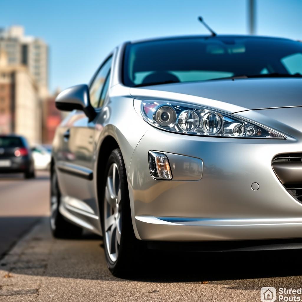 A sleek steel-colored Peugeot 207 parked on a scenic urban street, showcasing its modern and stylish design