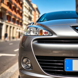 A sleek steel-colored Peugeot 207 parked on a scenic urban street, showcasing its modern and stylish design