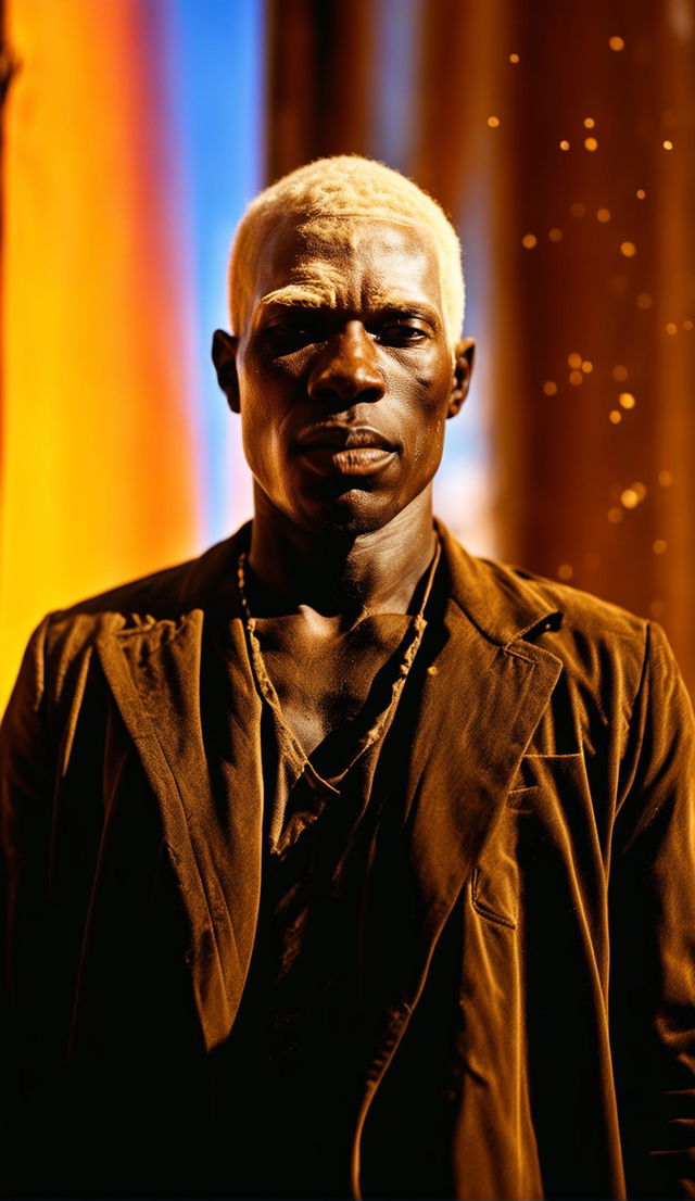 High-resolution candid photograph of a black man with albinism with a symmetrical face, in sunlight with visible dust particles.