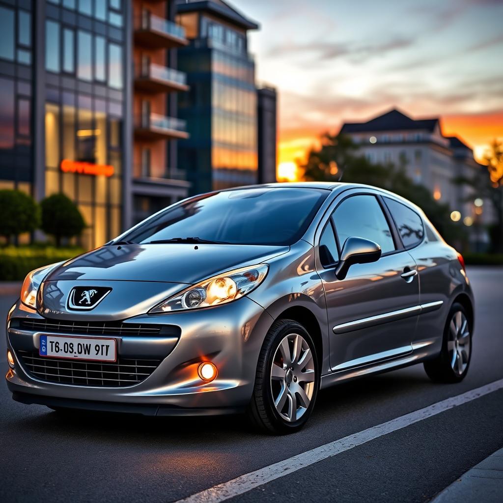 A strikingly beautiful Shining Steel color Peugeot 207, showcased in an urban setting