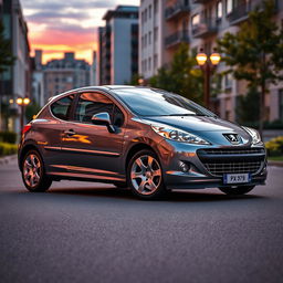 A strikingly beautiful Shining Steel color Peugeot 207, showcased in an urban setting