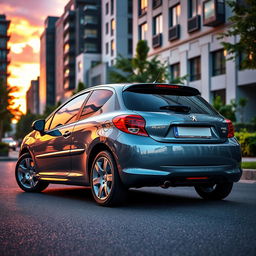 A strikingly beautiful Shining Steel color Peugeot 207, showcased in an urban setting