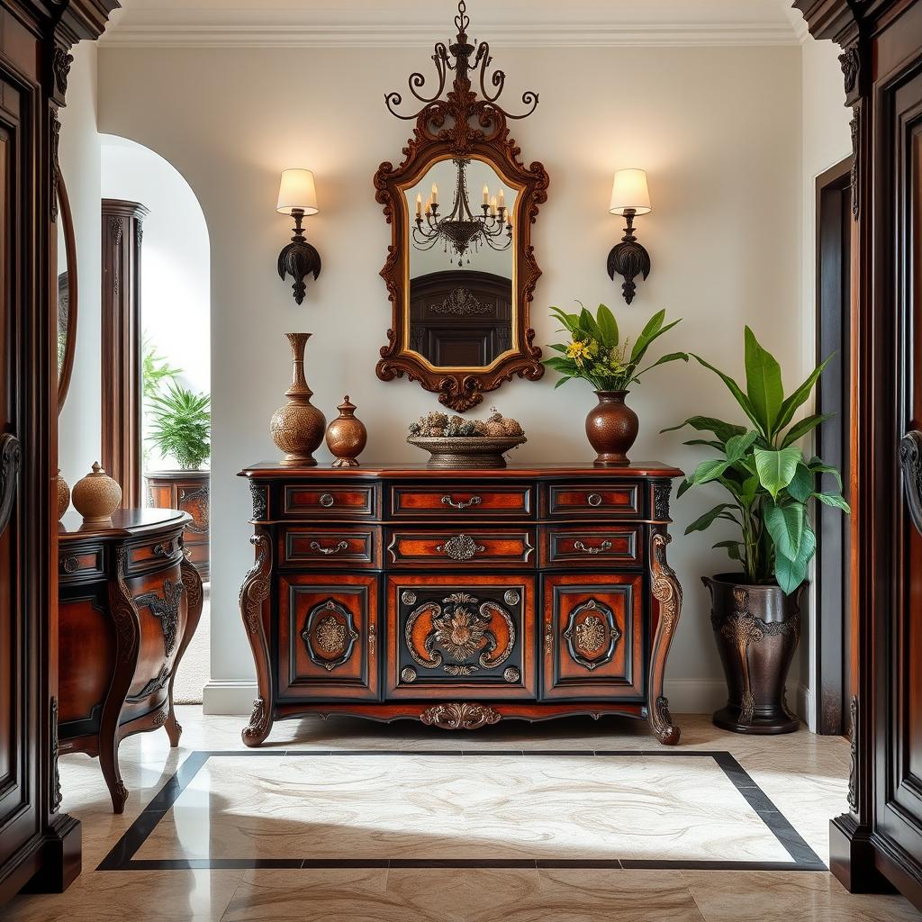 An elegant entrance area designed with Italianizante style lacquered and wooden furniture, showcasing intricate carvings and a blend of rich, dark woods with glossy finishes