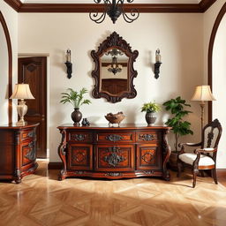 An elegant entrance area designed with Italianizante style lacquered and wooden furniture, showcasing intricate carvings and a blend of rich, dark woods with glossy finishes