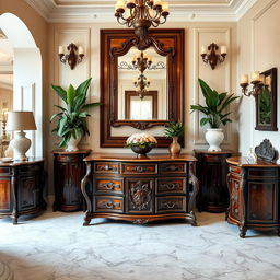 An elegant entrance area designed with Italianizante style lacquered and wooden furniture, showcasing intricate carvings and a blend of rich, dark woods with glossy finishes