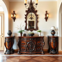 An elegant entrance area designed with Italianizante style lacquered and wooden furniture, showcasing intricate carvings and a blend of rich, dark woods with glossy finishes