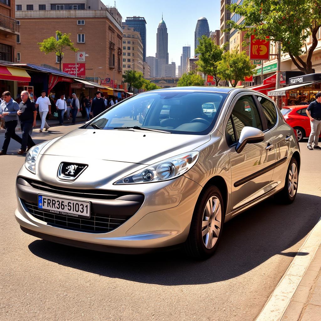 A shining steel color Peugeot 207 parked on a busy street in Tehran, showcasing the vibrant city skyline in the background