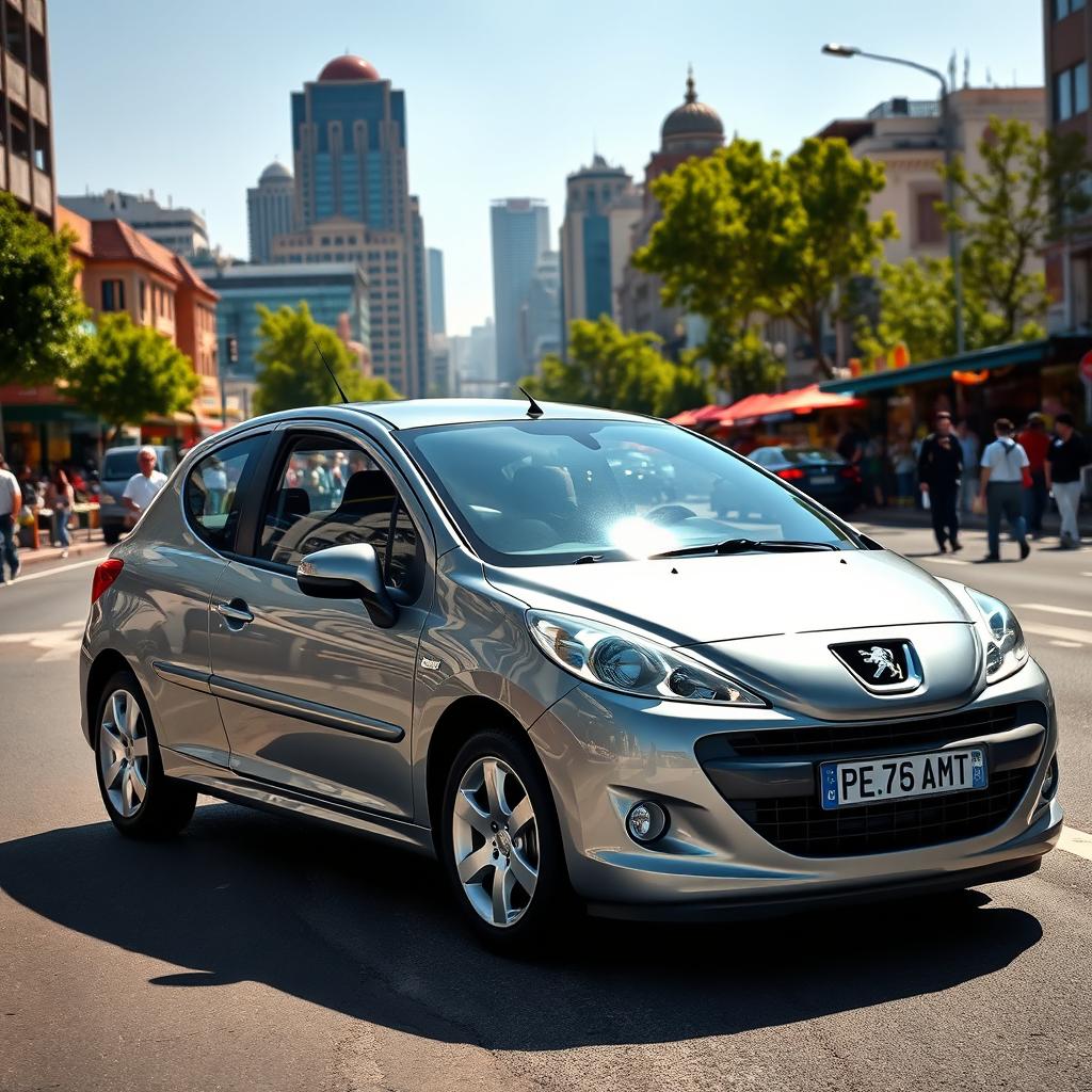 A shining steel color Peugeot 207 parked on a busy street in Tehran, showcasing the vibrant city skyline in the background