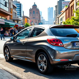 A shining steel color Peugeot 207 parked on a busy street in Tehran, showcasing the vibrant city skyline in the background