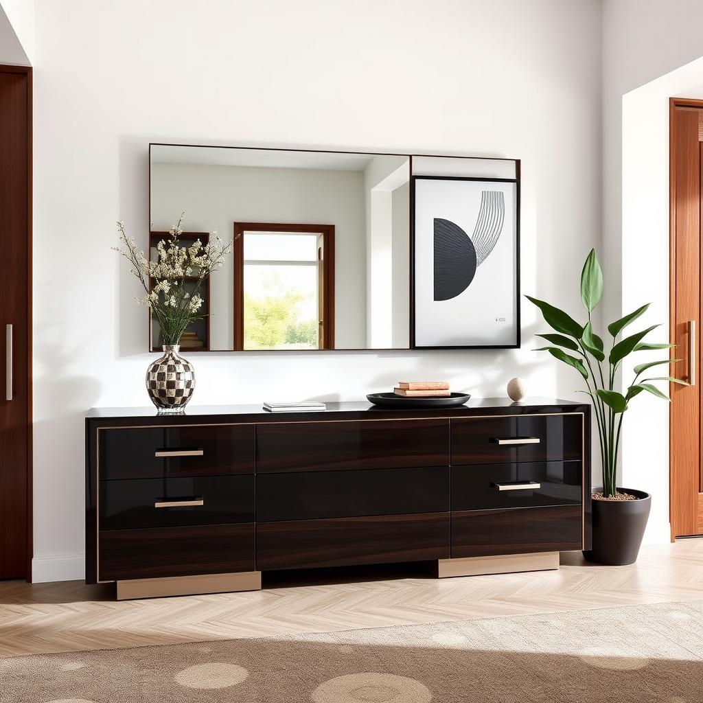 A chic entrance area featuring modern Italian-style furniture made of both lacquered surfaces and rich wooden elements