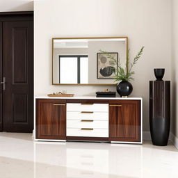 A chic entrance area featuring modern Italian-style furniture made of both lacquered surfaces and rich wooden elements