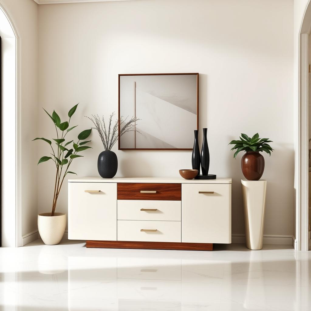 An inviting entrance area featuring modern Italian-style lacquered furniture, highlighted by a beautifully designed console table that combines a high-gloss lacquer finish with elegant wooden accents