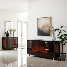 An inviting entrance area featuring modern Italian-style lacquered furniture, highlighted by a beautifully designed console table that combines a high-gloss lacquer finish with elegant wooden accents