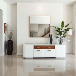 An inviting entrance area featuring modern Italian-style lacquered furniture, highlighted by a beautifully designed console table that combines a high-gloss lacquer finish with elegant wooden accents