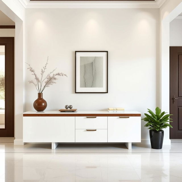 An inviting entrance area featuring modern Italian-style lacquered furniture, highlighted by a beautifully designed console table that combines a high-gloss lacquer finish with elegant wooden accents