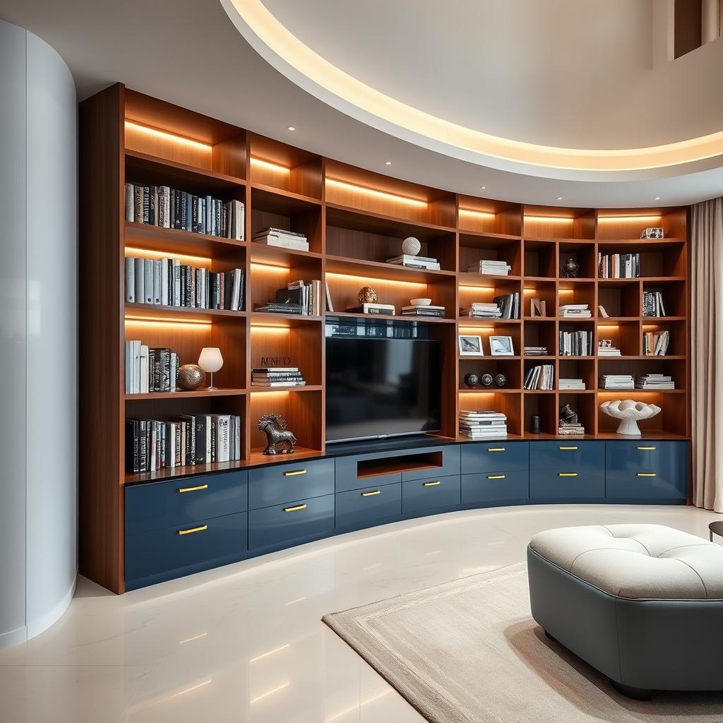 A stunning modern Italian style library designed for a living room, featuring sleek lacquered cabinetry with a high-gloss finish