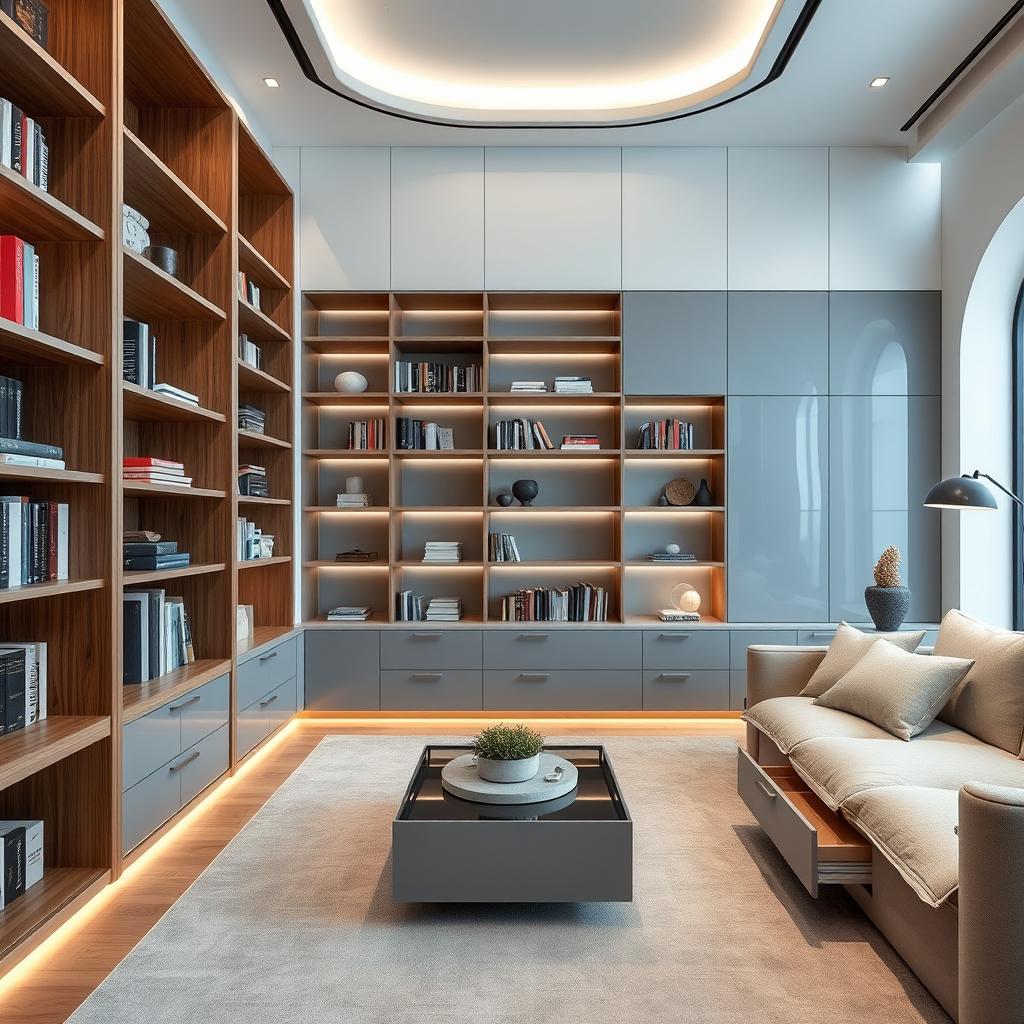 A stunning modern Italian style library designed for a living room, featuring sleek lacquered cabinetry with a high-gloss finish