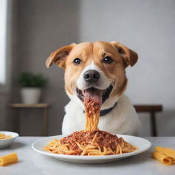 A cute dog happily eating spaghetti, with pasta strands hanging from its mouth in a delightful mess