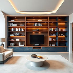 A stunning modern Italian style library designed for a living room, featuring sleek lacquered cabinetry with a high-gloss finish