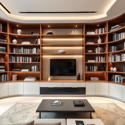 A stunning modern Italian style library designed for a living room, featuring sleek lacquered cabinetry with a high-gloss finish