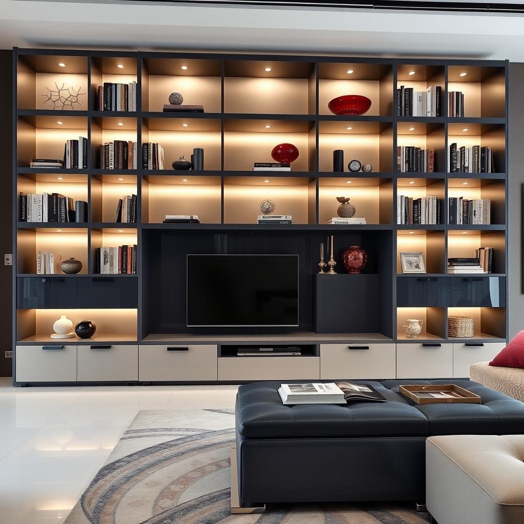 A beautifully designed modern Italian style library for a living room, showcasing exquisite lacquered finishes in a sleek, high-gloss look