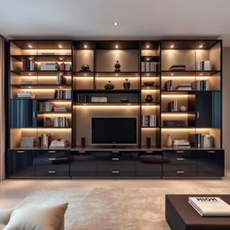 A beautifully designed modern Italian style library for a living room, showcasing exquisite lacquered finishes in a sleek, high-gloss look