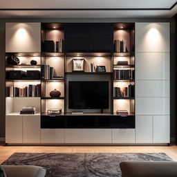 A beautifully designed modern Italian style library for a living room, showcasing exquisite lacquered finishes in a sleek, high-gloss look