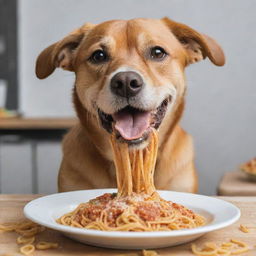 A cute dog happily eating spaghetti, with pasta strands hanging from its mouth in a delightful mess