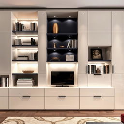 A beautifully designed modern Italian style library for a living room, showcasing exquisite lacquered finishes in a sleek, high-gloss look