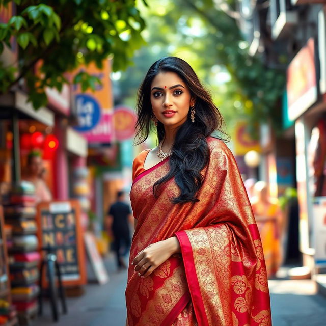 A stunning Indian woman in a beautifully draped saree, elegantly walking down a vibrant street filled with colorful shops