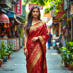 A stunning Indian woman in a beautifully draped saree, elegantly walking down a vibrant street filled with colorful shops