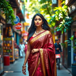 A stunning Indian woman in a beautifully draped saree, elegantly walking down a vibrant street filled with colorful shops