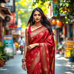 A stunning Indian woman in a beautifully draped saree, elegantly walking down a vibrant street filled with colorful shops