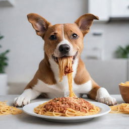 A cute dog happily eating spaghetti, with pasta strands hanging from its mouth in a delightful mess