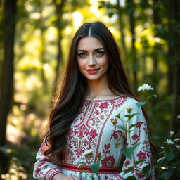 A 25-year-old Slavic woman with long, flowing dark hair and fair skin, wearing a beautiful traditional dress adorned with intricate floral patterns